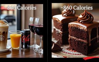 Two pictures of chocolate cake and a glass of coke.