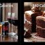 Two pictures of chocolate cake and a glass of coke.