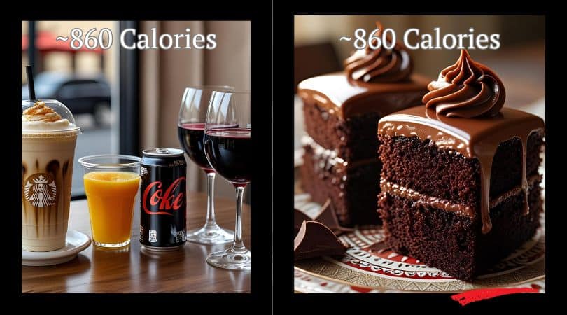 Two pictures of chocolate cake and a glass of coke.